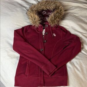 Abercrombie & Fitch Maroon sweatshirt jacket with Faux Fur Hood